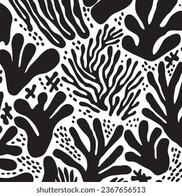 Contemporary Coral Pattern, Seamless and Brush Drawn: Modern Abstract Floral Vector with Botanical Shapes. Ornamental Design with Black Thick Organic Branches