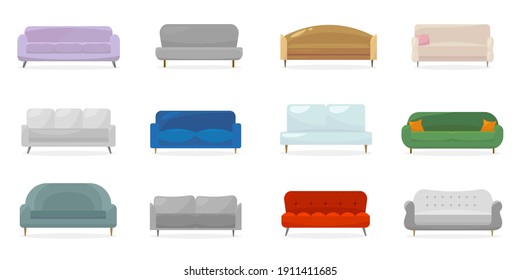 Contemporary couches collection. Trendy sofas for living room, divans for modern lounges, offices, apartment interior. Vector illustrations for upholstery, housing, furniture production concept