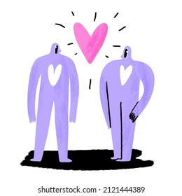 Contemporary couple of aliens in love, modern creatures, abstract people with heart between them. Trendy Valentine's Day card design.