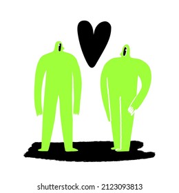 Contemporary couple of aliens in love, modern creatures, abstract people with heart between them. Trendy neon colors Valentine's Day card design.