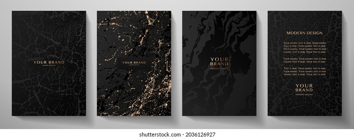 Contemporary cover design set. Art pattern with gold splash paint, old cracked texture, smudge on black background. Artistic vector collection for notebook, flyer template, luxe grunge poster