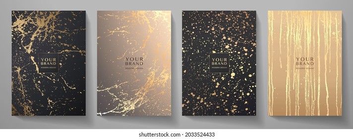 Contemporary cover design set. Creative art pattern with gold splash, smudge, paint drop (spot) on black background. Artistic vector collection for notebook, flyer template, grunge poster