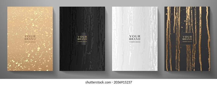 Contemporary cover design set. Creative art pattern with gold splash, smudge, paint drop (spot) on black background. Artistic vector collection for notebook, flyer template, grunge poster