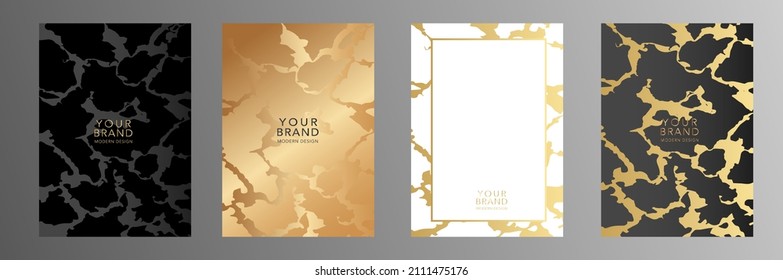 Contemporary cover design set. Elegant fashionable background with abstract marble, fluid, grunge pattern in gold, black color. Premium vector template for elite menu, flyer, vip card, web design.