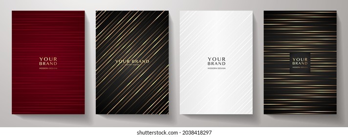 Contemporary cover design set.  Luxury dynamic diagonal line pattern in premium color: black, gold, red, white. Stripe vector layout for business background, certificate, brochure, menu template