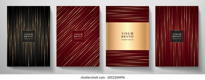 Contemporary cover design set.  Luxury dynamic diagonal line pattern in premium color: black, gold, red. Stripe vector layout for business background, certificate, brochure, menu template