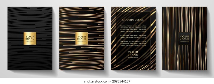 Contemporary cover design set.  Luxury dynamic line pattern in premium color: black, gold. Stripe vector layout for business background, certificate, brochure, menu template