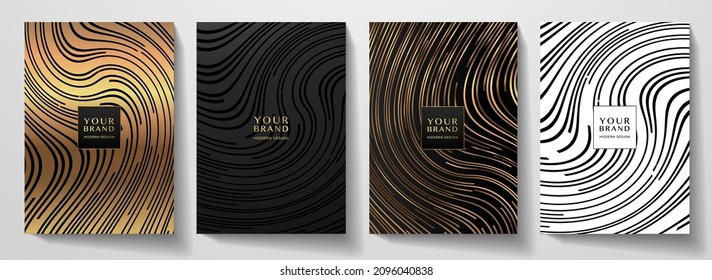 Contemporary cover design set.  Luxury dynamic diagonal line pattern in premium color: black, gold, white. Stripe vector layout for business background, certificate, brochure, menu template