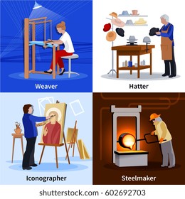 Contemporary craftspeople at work 4 flat icons square composition with weaver hatter and steelmaker isolated vector illustration