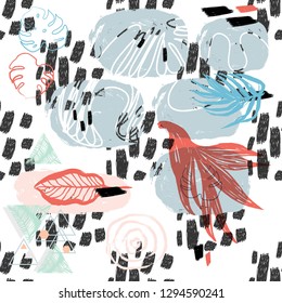 Contemporary Creative Composition with Brush Strokes Unusual Shapes and Leaves. Unusual Illustration  for Surface , Invitation , Notebook, Banner , Wrap Paper ,Textiles, Cover