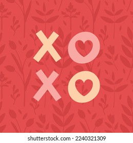 Zeitgenössisches kreatives Design von Valentinen. Viereckige Grußkarte für den Valentinstag mit botanischem Hintergrund und dem Buchstaben "XOXO". Vektor-einzelne Clipart-Kunst im abstrakten Flachstil.