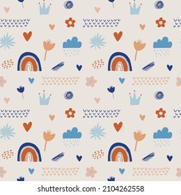 Contemporary cute seamless pattern with rainbows, raindrops and doodle Brush Strokes. Abstract modern boho natural arch wall art in Pastel colors.