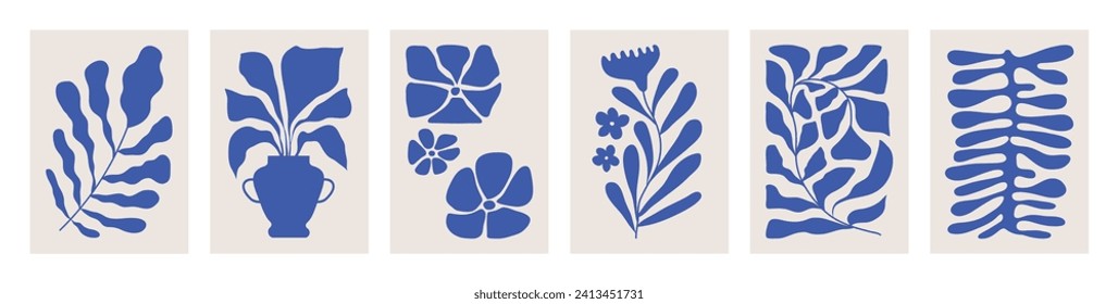 Contemporary cyan botanical wall art set with plants, algae and flowers. Modern minimalist posters. Hand drawn floral blue flat vector illustration for interior design.