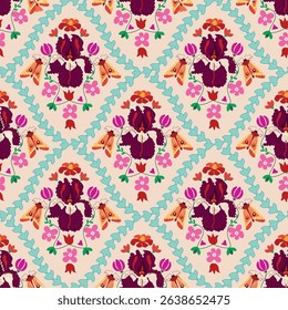 Contemporary damask pattern featuring stylized irises and delicate butterflies. Seamless repeat for luxury wallpaper, textile, and branding.