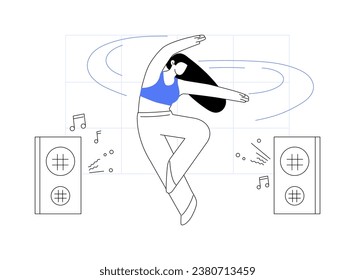 Ilustraciones de vectores de dibujos animados de danza contemporánea. Mujer jóven bailando sola en el estudio, ballet clásico movimiento, pose elegante, entrenamiento solo, animación de la actividad de fitness cartoon vector.