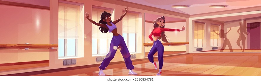 Contemporary dance studio with young women practicing modern choreography. Bright ballet training room with wooden floor, mirror walls, ballet barres, sunlit windows. Energetic dancers during workout.