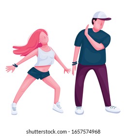 Contemporary dancers couple together flat color vector faceless character. People at club party. Hip hop street dance performers isolated cartoon illustration for web graphic design and animation