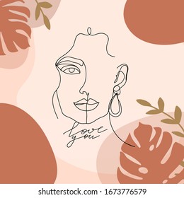 Collage de diseño contemporáneo con una sola línea de cara femenina, hojas tropicales, frase caligráfica y formas abstractas. Tarjeta estética de terracota para textiles, póster, tarjeta, tapa, pantalones, etc. Vector.
