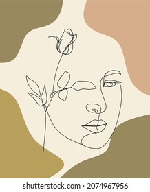Collage de diseño contemporáneo con una sola línea de cara de mujer, formas abstractas y flor. Tarjeta estética de terracota para textiles, afiche, tarjeta, cubierta, camiseta, etc. Ilustración vectorial.