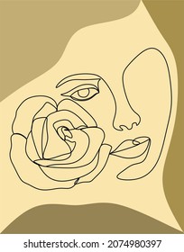 Collage de diseño contemporáneo con una sola línea de cara de mujer, formas abstractas y flor. Tarjeta estética de terracota para textiles, afiche, tarjeta, cubierta, camiseta, etc. Ilustración vectorial.