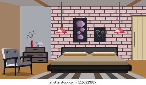 Contemporary design interior bedroom. Flat style vector illustration.