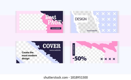 Contemporary design in soft pink and light blue. Small black and white crosses. Trendy editable set horizontal banner with photo frame.