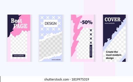 Contemporary design in soft pink and light blue. Small black and white crosses. Trendy editable set for design of social networks, instagram story and print with frame for images.