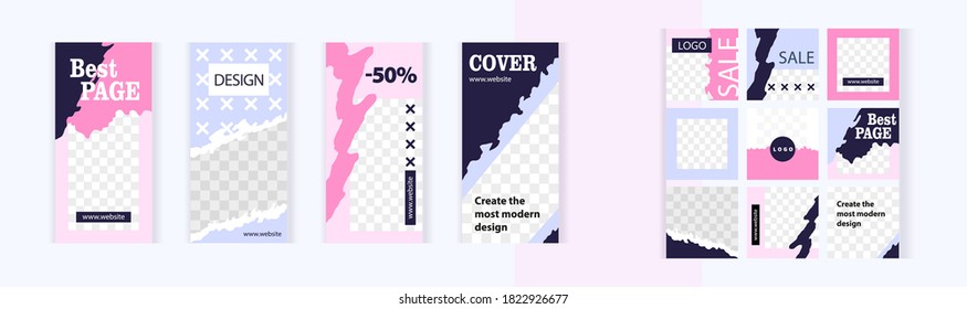 Diseño contemporáneo de color rosa suave y azul claro. Pequeñas cruces blancas y negras. Conjunto de banners verticales y cuadrados para el diseño de redes sociales, historia e impresión con ventanas para imágenes. 