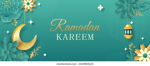 Contemporary design template for Islamic holidays, showcasing botanical elements and festive lanterns, designed for use during Ramadan Kareem, Hari Raya, Eid Mubarak, and Eid al Adha celebrations.