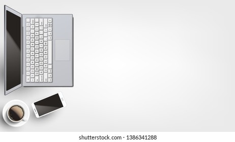 Contemporary Devices On Workplace Flat Lay Vector. Opened Modern Laptop And Neoteric Smartphone Near Hot Coffee Cup Arranged On Homey Or Office Workplace. Copy Space Top View Illustration