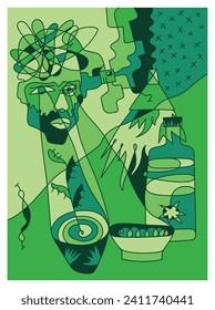 Contemporary digital nomad illustration. Green surrealistic vector graphic. Man with beard and cappuccino. Burning alcohol bottle and Asian food. Unique and modern digital nomad vector graphic.