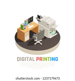 Contemporary digital printing house office software inkjet laser screen equipment designer desk rond isometric composition vector illustration