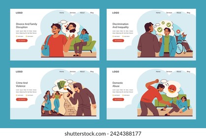 Contemporary dilemmas set. Graphics of family separation, social discrimination, criminal threats, and spousal abuse. Real-life challenges and inequality. Flat vector illustration.