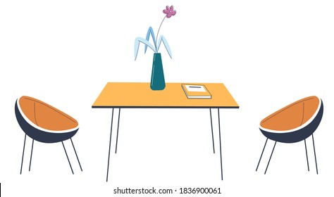 Comedor moderno o cocina, decoración interior con mesa y sillas. Escritorio con un florero decorativo con flores. Sencilla zona de restauración minimalista, decoración moderna y detalles. Vector de estilo plano