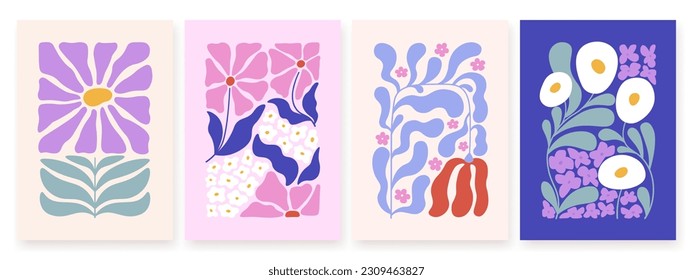 Contemporary doodle flowers wall posters. Floral abstract covers, decorative plants and flower cards. Racy matisse inspired vector graphic design