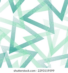 Contemporary dotwork triangles vector seamless pattern. Geometric endless background with dots texture. Gradient triangles of chevron dots seamless ornament. Pointillism style.