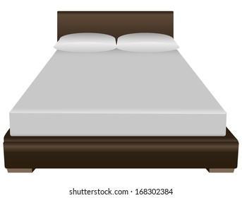 Contemporary double bed with a pillow and sheets. Vector illustration.