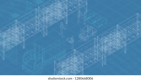 Contemporary draft design of warehouse with workers loading truck