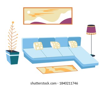 Contemporary dwelling interior design, isolated living room view. Sofa with small pillows, cute rug and panoramic wall art on wall. Decorative houseplant and floor lamp, vector in flat style