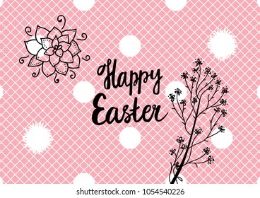 Contemporary easter banner wide. Hand drawing black botany. White fishnet tights background.