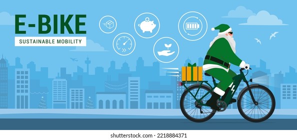 Contemporary eco-friendly Santa Claus riding an e-bike and carrying a Christmas gift, sustainable mobility concept