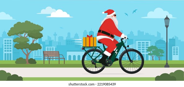 Zeitgenössischer, umweltfreundlicher Weihnachtsmann, der ein E-Bike fährt und ein Weihnachtsgeschenk mitbringt