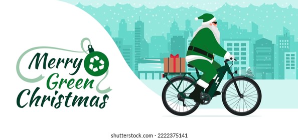 Contemporary eco-friendly Santa Claus riding an e-bike and carrying a Christmas gift, sustainable mobility concept