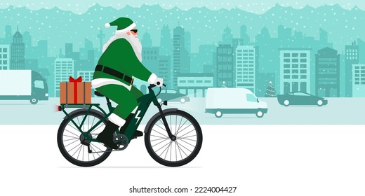 Contemporary eco-friendly Santa Claus riding an e-bike and carrying a Christmas gift, sustainable mobility concept