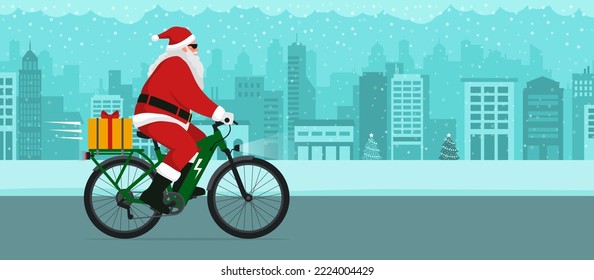 Contemporary eco-friendly Santa Claus riding an e-bike and carrying a Christmas gift, sustainable mobility concept