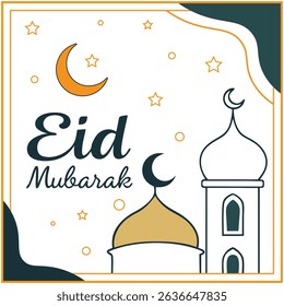 Contemporary Eid Mubarak design featuring crescent moon, mosque domes, stars, and minimal line art. Ideal for Islamic holiday cards, social posts, and festive celebration graphics.