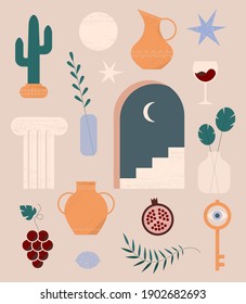 Contemporary elements set. Aesthetic art objects. Modern abstract illustration in minimalist bohemian style. Big vector collection with geometric and natural decorations. Trendy isolated design