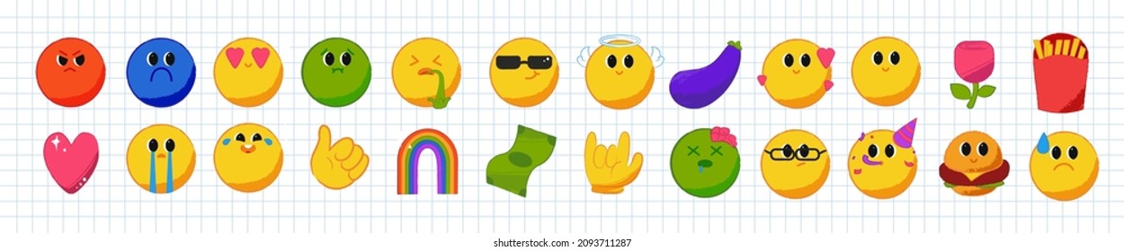 Contemporary emoji collection. A set with vector grunge faces and objects