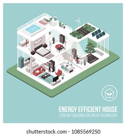 Contemporary Energy Efficient Isometric Eco House Cross Section And Room Interiors With People: Zero Net Building Concept