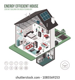 Contemporary energy efficient isometric eco house cross section and room interiors on white background with icons and people